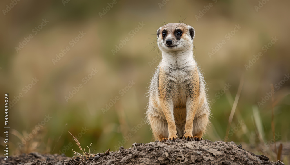 Fototapeta premium Meerkat standing on mound alert posture curious expression