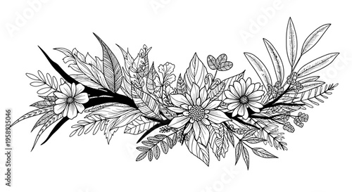 Elegant hand-drawn floral arrangement with diverse leaves and blooming flowers, perfect for wedding invitations, borders, or botanical designs