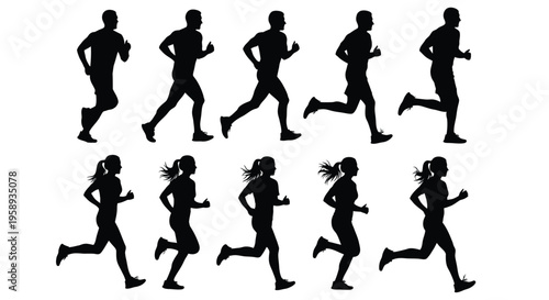 Collection of black silhouette illustrations depicting male and female runners in various stride positions