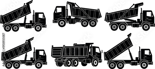 Collection of dump truck silhouettes in different loading and unloading positions, heavy construction vehicle set isolated on light background, industrial transport illustration design concept