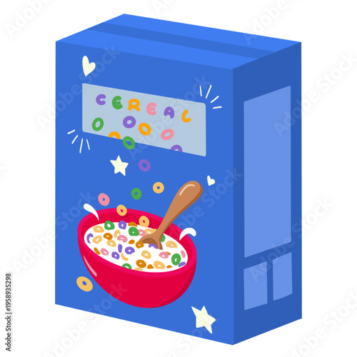 Cute cartoon cereal box with bowl illustration, colorful and playful breakfast design