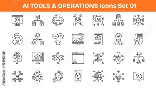 AI Tools Icons Set – Chatbot, Speech Recognition, Prediction, Document Analysis, Smart Automation Vector Icons