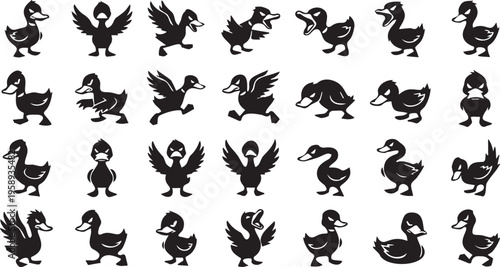 25 Scary Duck Silhouette Icons - Aggressive Waterfowl Vector Collection.