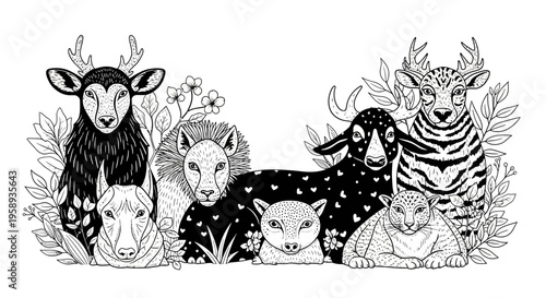 Artistic black and white illustration of a diverse menagerie of animals with intricate patterns and botanical details