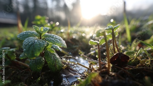 Vibrant green herbs glistening with early morning dew and soft sunlight on a natural terrain.