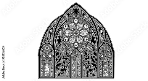 Ornate Gothic Arched Stained Glass Window Design. Detailed Medieval Church Architectural Element Vector Illustration.