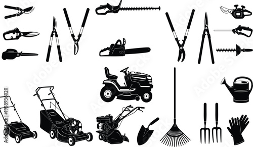 Gardening tools and equipment silhouette vector set featuring lawn mowers, tractors, chainsaws, hedge trimmers, rakes, shovels, and watering cans for professional landscaping and yard work.