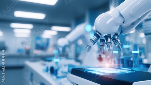 A robotic arm interacts with laboratory equipment, showcasing advanced technology in a sterile environment