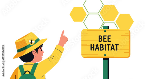 Discovering Nature A Young Explorer Points To A Bee Habitat Sign