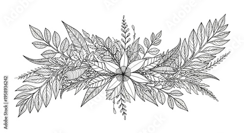 Detailed botanical line art illustration with a central flower and assorted leaves. Elegant monochrome floral arrangement for design.