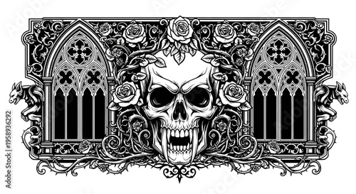 Ornate Gothic Skull with Vampire Fangs, Roses, and Elegant Medieval Architectural Windows Vector Illustration