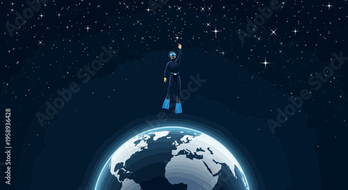 Diver Reaching For Stars Above Planet Earth