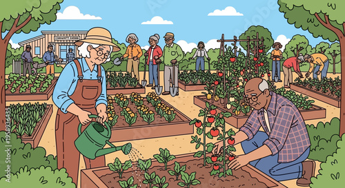 Diverse Elders Cultivating Lush Community Garden Plots Together