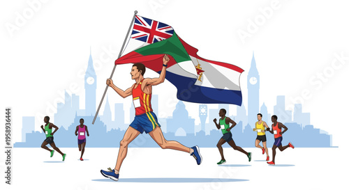 Diverse Athletes Compete In A Marathon Under City Skyline With Flags