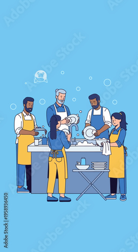 Diverse Family Team Collaborating On A Shared Household Chore Of Washing Dishes