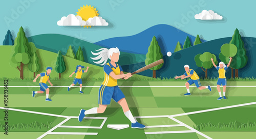 Diverse Athletes Compete In Outdoor Baseball Game Under Sunny Skies