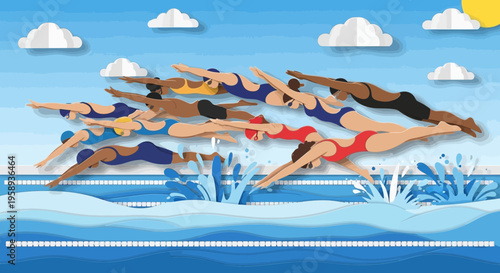 Diverse Athletes Compete In Synchronized Swimming Race Underwater