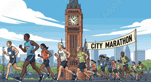 Diverse Athletes Competing In A City Marathon Race With Clock Tower Background