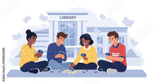 Diverse Friends Engaging In Card Games Outside Library Facade