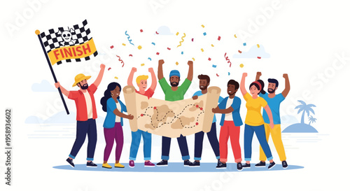 Diverse Group Celebrates Completing A Treasure Map With Confetti And A Finish Flag