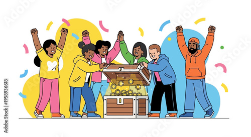 Diverse Group Celebrates Treasure Chest Discovery With Joyful Excitement