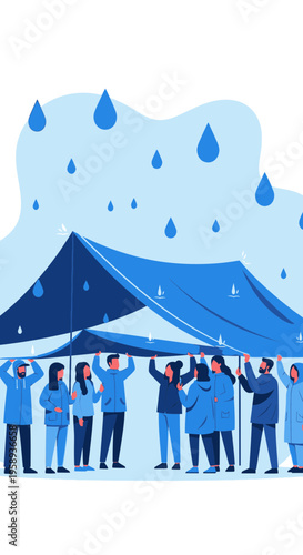 Diverse Group Holding Up Shelter During A Downpour Safety From Rain