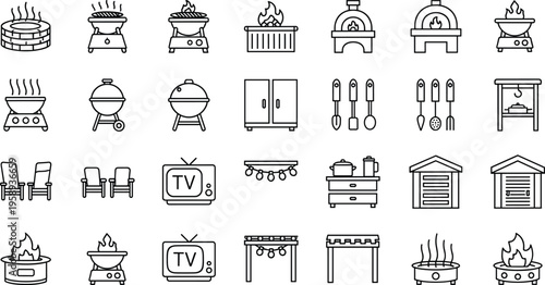 Outdoor cooking line icons set barbecue grill camping kitchen equipment fire pit furniture vector illustration modern outline collection