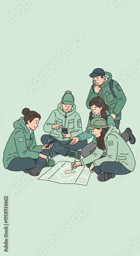 Diverse Group Collaborating On Outdoor Adventure Map Planning