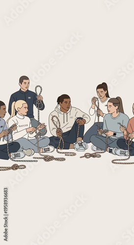 Diverse Group Learning Essential Knots For Outdoor Activities And Safety Training