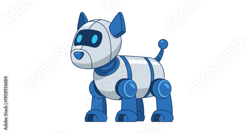A robotic dog with blue accents and glowing eyes stands on a plain surface in a futuristic indoor environment with a focus on technology and innovation featuring a dog robot and machinery.