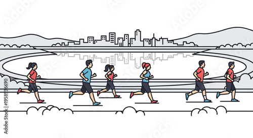 Diverse Group Jogging Together Through Scenic Urban Landscape