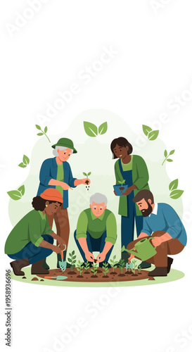 Diverse Group Cultivating Community Garden Together Planting Saplings Joyful Activity