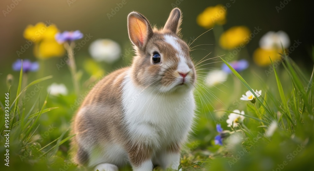 Fototapeta premium Rabbit in a meadow of wildflowers, a spring portrait.