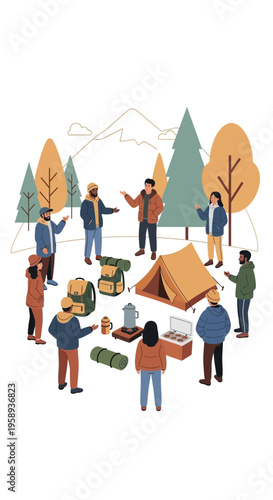 Diverse Group Engages in Outdoor Camping Activities Amidst Scenic Mountain Landscape