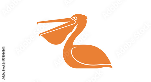 An orange pelican illustration shows the bird in profile with its distinctive pouched bill on a plain background.
