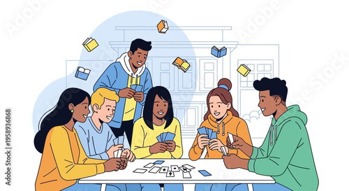 Diverse Group Enjoys Card Game Together With Books Floating Symbolically Above Their Heads