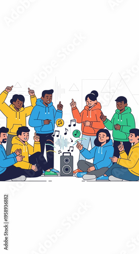 Diverse Group Enjoys Music Together Outdoors Dancing Fun