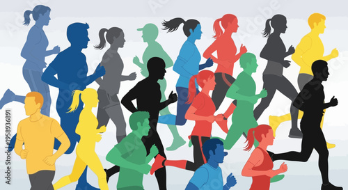 Diverse Group Of People Running Together In Vibrant Colors