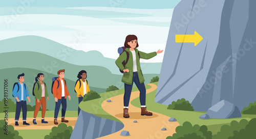 Diverse Hikers Follow Guidance Up Scenic Mountain Trail