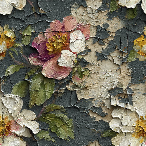 Vintage floral art with distressed cracked paint layers showing muted pink, yellow, white flowers and green leaves on dark textured background, evoking rustic countryside charm and aged beauty