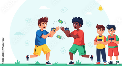 Diverse Kids Enjoy Outdoor Card Game Fun On A Sunny Day