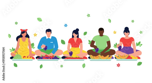 Diverse People Enjoying Healthy Fresh Fruits Together in a Vibrant Illustration