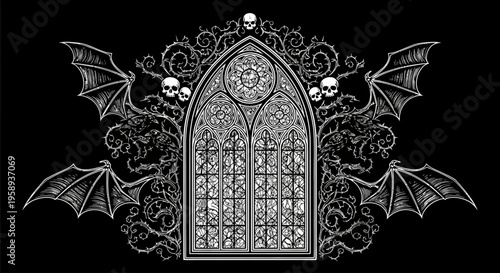Gothic Stained Glass Window Illustration with Bat Wings, Skulls, and Ornate Filigree on Black Background