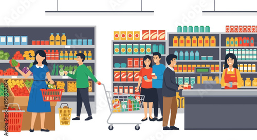 Diverse Shoppers Select Groceries In A Brightly Lit Supermarket Scene