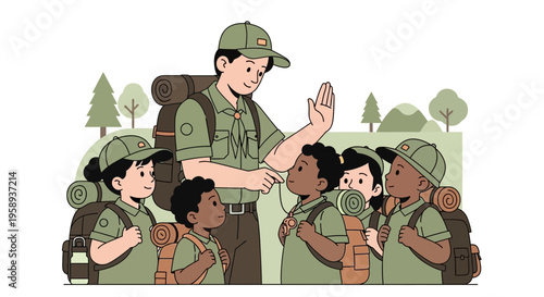 Diverse Young Explorers Learning From Scout Leader Outdoors