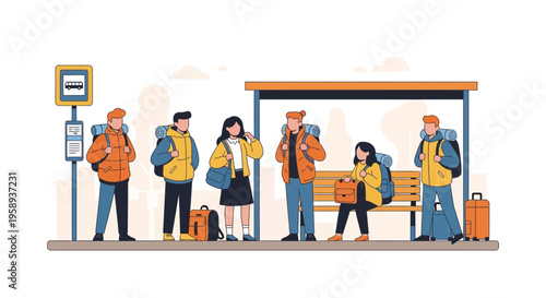 Diverse Travelers Await Bus Journey at Station Waiting Area