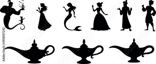 Arabian fairy tale silhouettes collection with genie princess mermaid and magic lamp icons, fantasy story characters isolated on white background, mystical folklore illustration concept