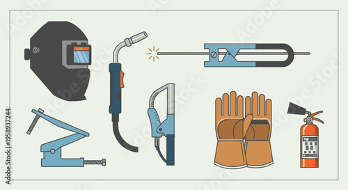 Flat lay of various welding tools and safety equipment on a pale green background with a light green border.