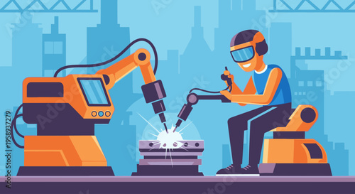 An industrial worker in protective gear operates a welding torch alongside a robotic arm in a factory setting with a cityscape background.