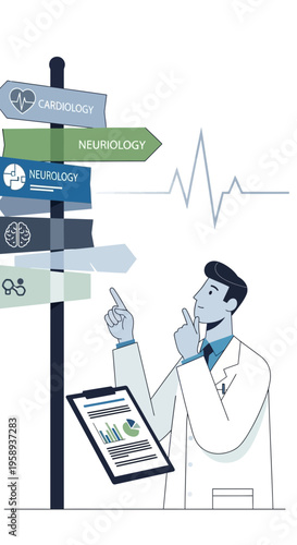 Doctor Contemplating Medical Specialty Choices Via Directional Signpost